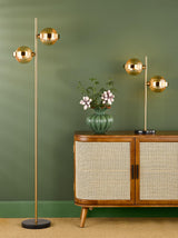 Dar Ophira 2 Light Table Lamp Antique Gold Black Marble and Amber Ribbed Glass
