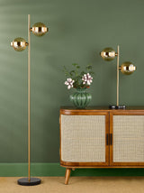 Dar Ophira 2 Light Table Lamp Antique Gold Black Marble and Amber Ribbed Glass