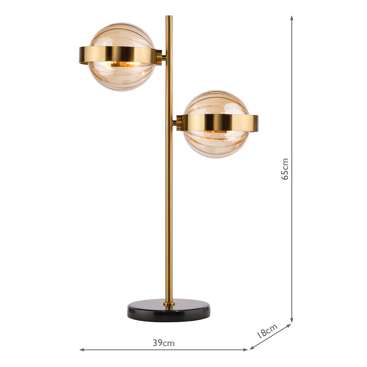 Dar Ophira 2 Light Table Lamp Antique Gold Black Marble and Amber Ribbed Glass