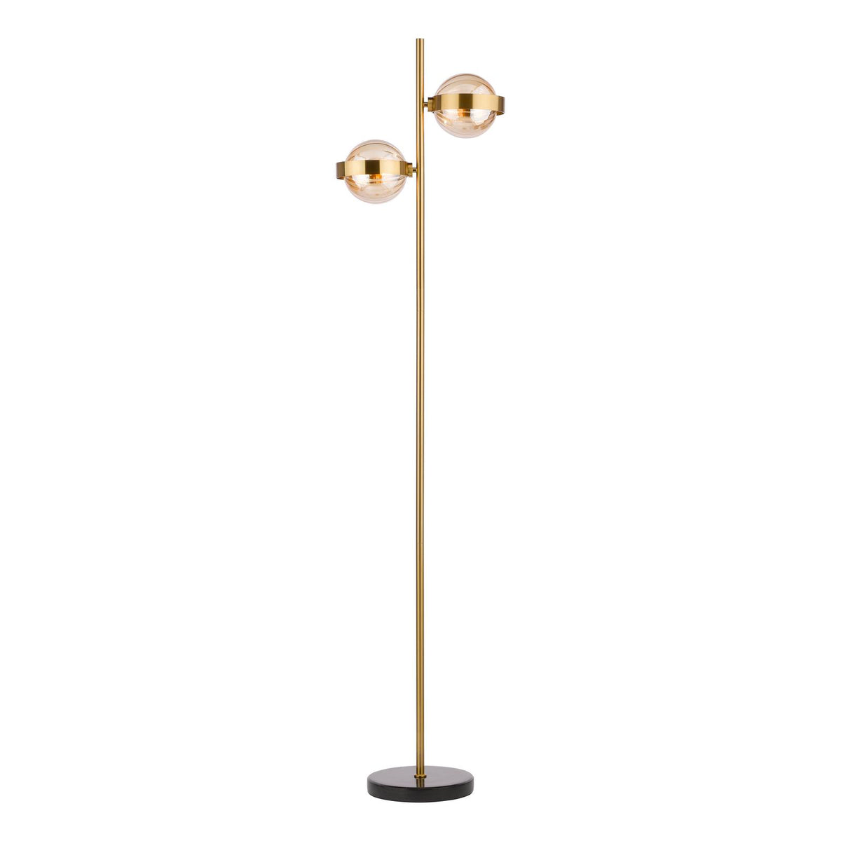 Dar Ophira 2 Light Floor Lamp Antique Gold Black Marble and Amber Ribbed Glass