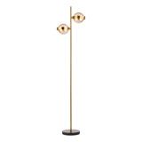 Dar Ophira 2 Light Floor Lamp Antique Gold Black Marble and Amber Ribbed Glass