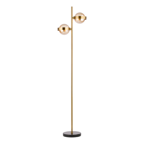 Dar Ophira 2 Light Floor Lamp Antique Gold Black Marble and Amber Ribbed Glass