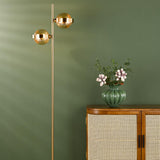 Dar Ophira 2 Light Floor Lamp Antique Gold Black Marble and Amber Ribbed Glass