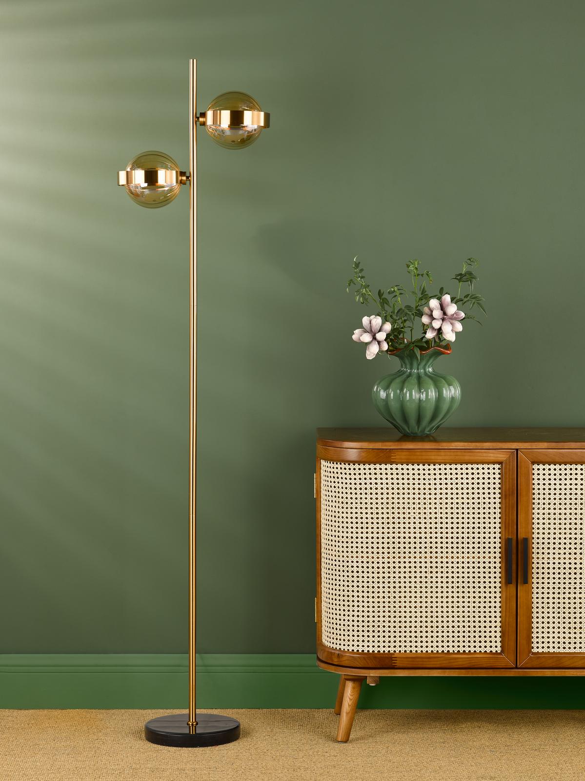 Dar Ophira 2 Light Floor Lamp Antique Gold Black Marble and Amber Ribbed Glass