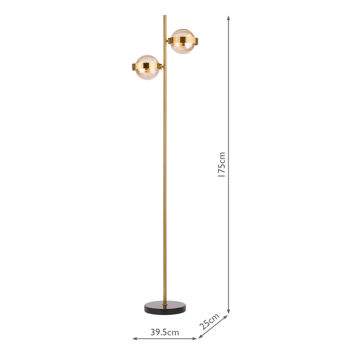 Dar Ophira 2 Light Floor Lamp Antique Gold Black Marble and Amber Ribbed Glass