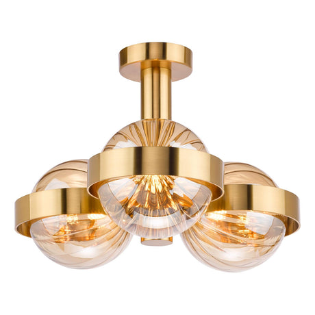 Dar Ophira 3 Light Semi-Flush Antique Gold and Amber Ribbed Glass