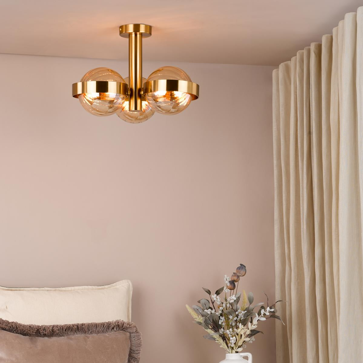 Dar Ophira 3 Light Semi-Flush Antique Gold and Amber Ribbed Glass