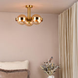 Dar Ophira 3 Light Semi-Flush Antique Gold and Amber Ribbed Glass