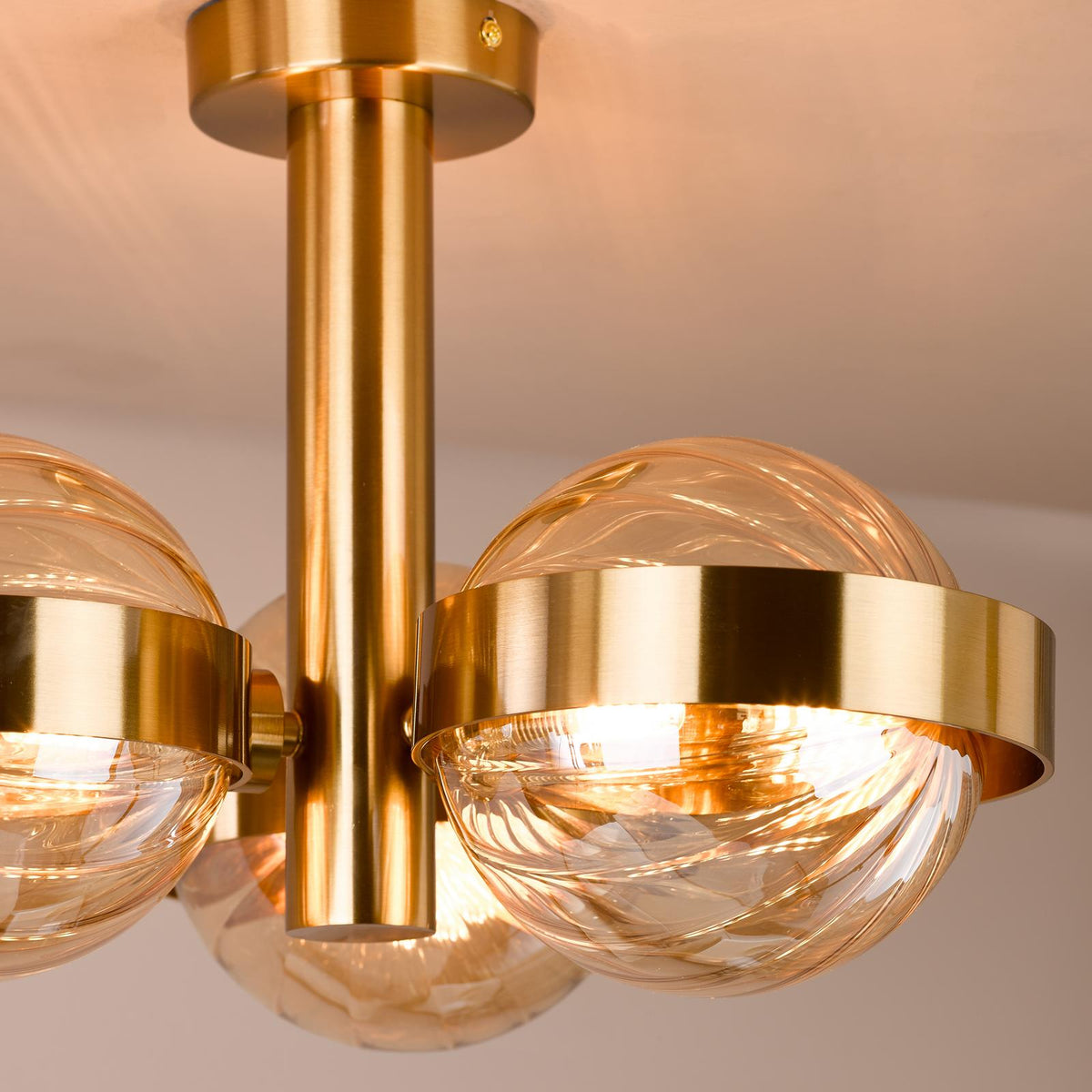 Dar Ophira 3 Light Semi-Flush Antique Gold and Amber Ribbed Glass