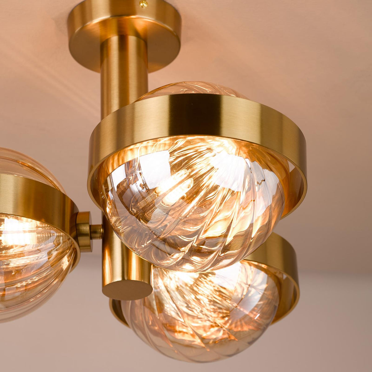 Dar Ophira 3 Light Semi-Flush Antique Gold and Amber Ribbed Glass