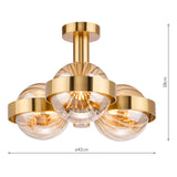 Dar Ophira 3 Light Semi-Flush Antique Gold and Amber Ribbed Glass
