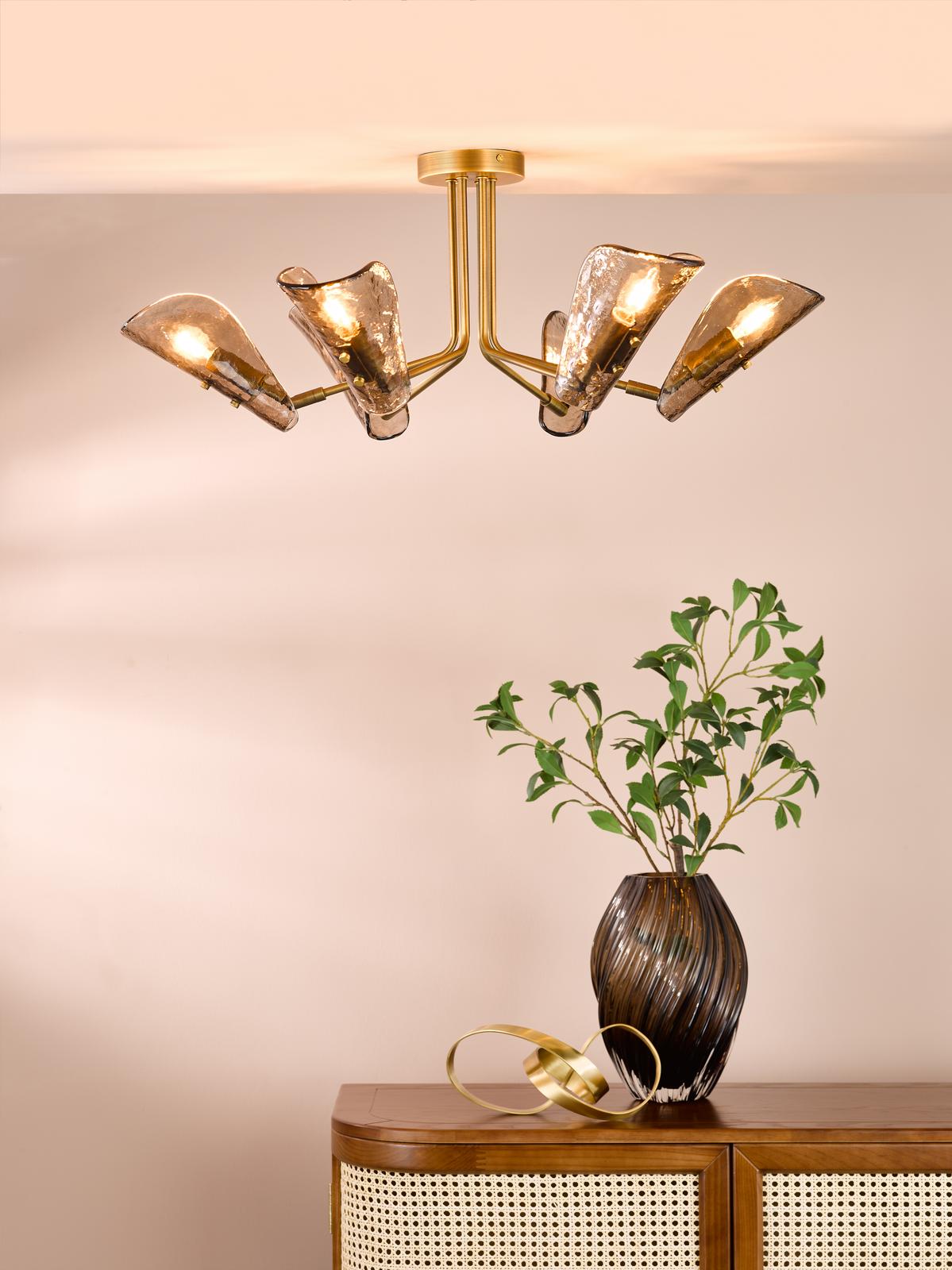 Dar Ordelle 6 Light Adjustable Semi-Flush Antique Bronze and Tea Smoked Glass