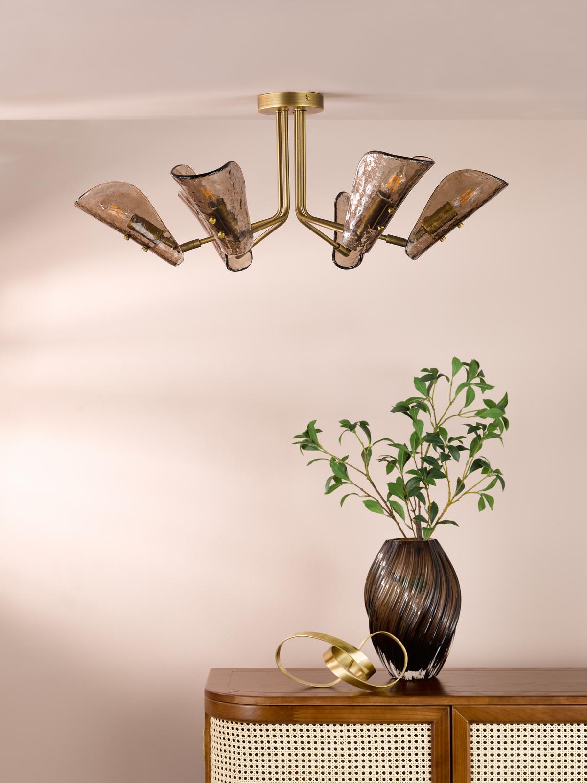 Dar Ordelle 6 Light Adjustable Semi-Flush Antique Bronze and Tea Smoked Glass