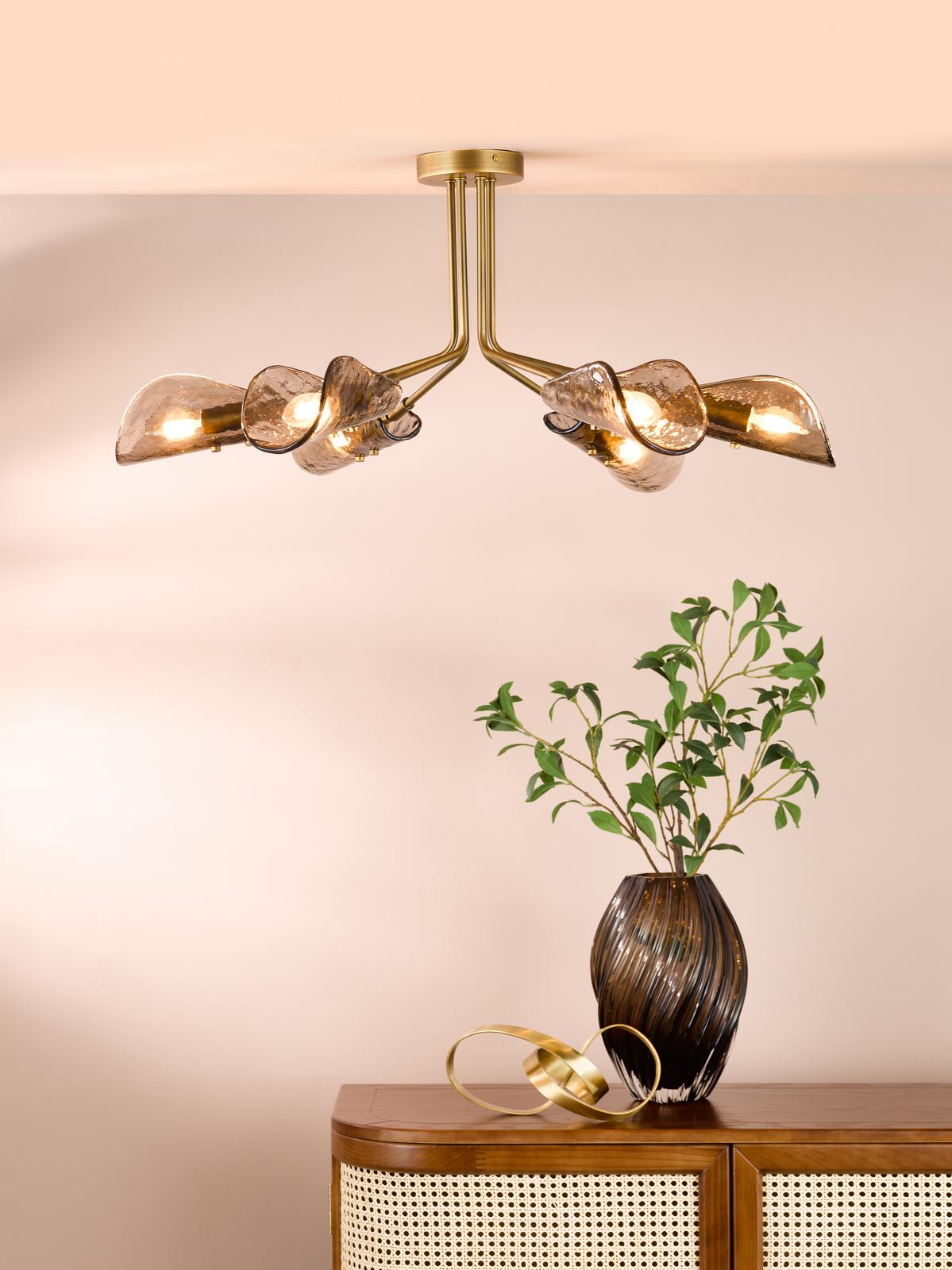 Dar Ordelle 6 Light Adjustable Semi-Flush Antique Bronze and Tea Smoked Glass