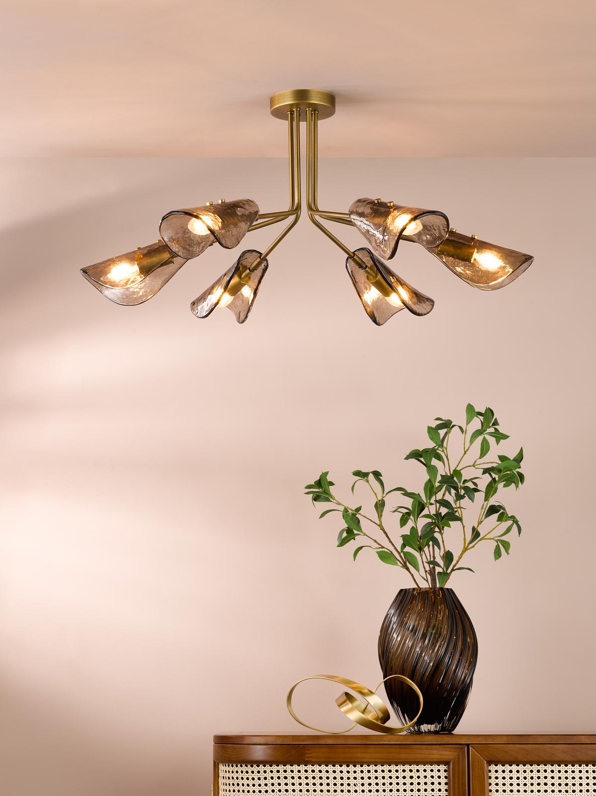 Dar Ordelle 6 Light Adjustable Semi-Flush Antique Bronze and Tea Smoked Glass