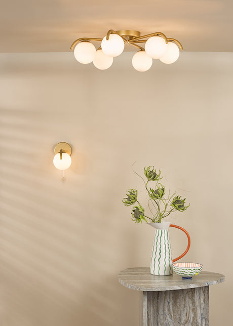 Dar Orlena 6 Light Flush Satin Gold and Opal Glass