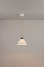 Original BTC Cobb Small. Pendant light fixture hanging from a ceiling against a plain wall.