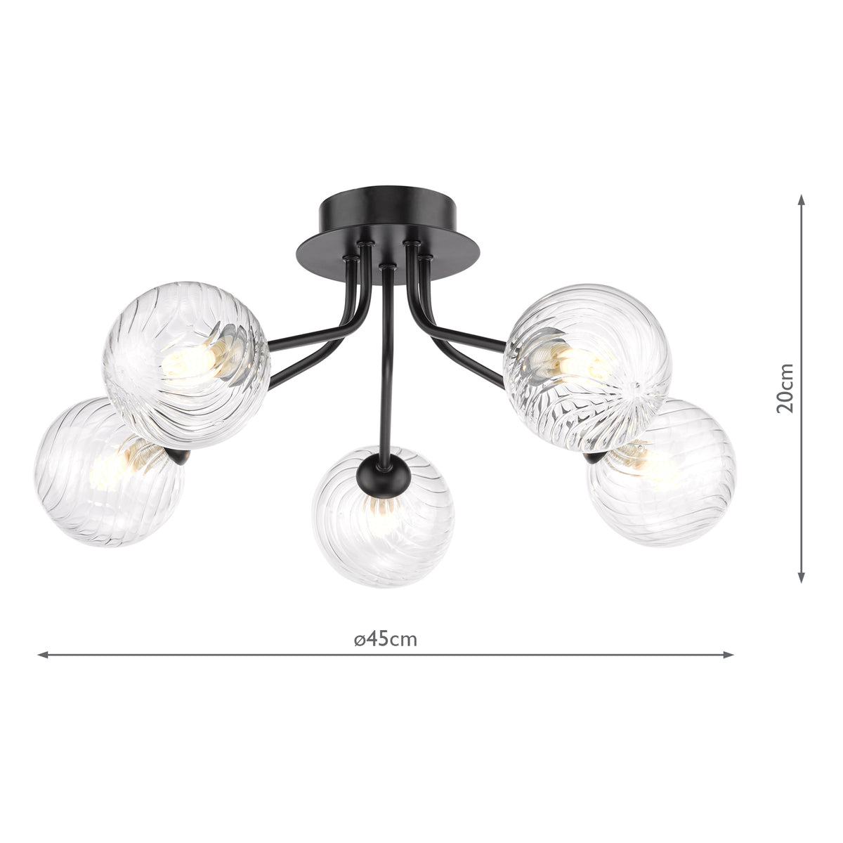 Dar Poyen 5 Light Semi-Flush Matt Black and Ribbed Glass