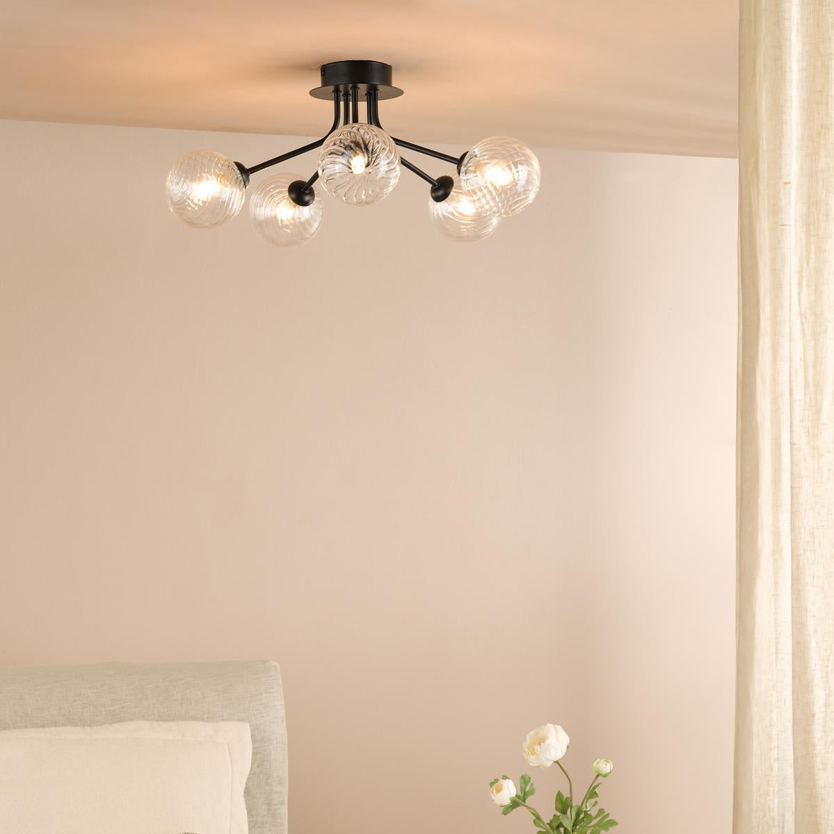 Dar Poyen 5 Light Semi-Flush Matt Black and Ribbed Glass