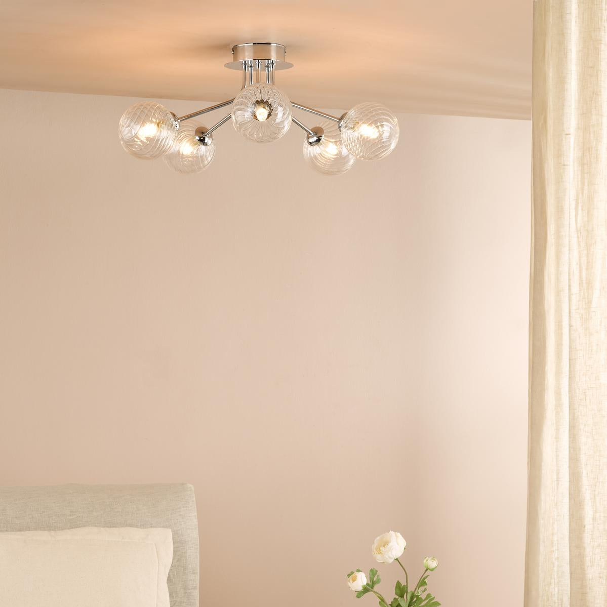 Dar Poyen 5 Light Semi-Flush Polished Chrome and Ribbed Glass
