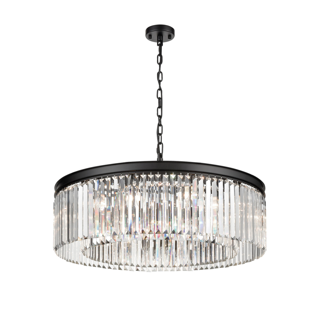 Modern crystal drum chandelier with black metal frame and hanging chain ceiling mount