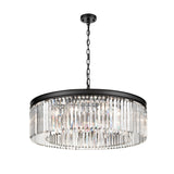 Modern crystal drum chandelier with black metal frame and hanging chain ceiling mount
