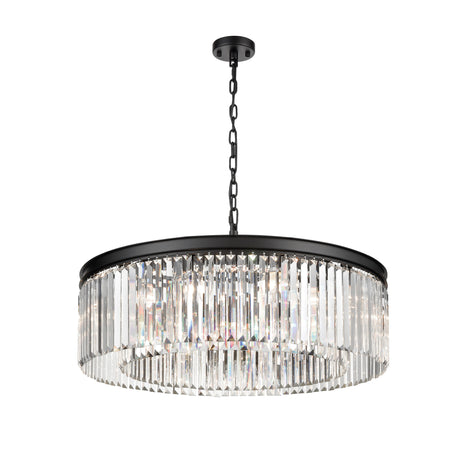 Modern crystal drum chandelier with black metal frame and hanging chain ceiling mount