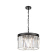 Modern black metal chandelier with vertical clear crystal prisms and chain suspension