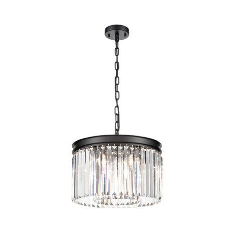 Modern black metal chandelier with vertical clear crystal prisms and chain suspension