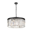Modern black metal chandelier with vertical crystal prisms and chain suspension