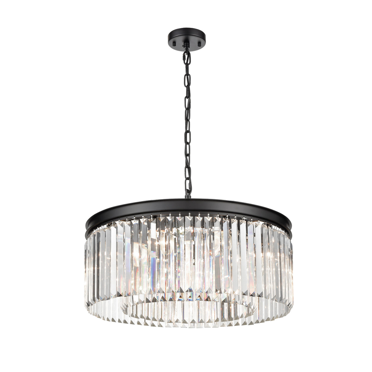 Modern black metal chandelier with vertical crystal prisms and chain suspension
