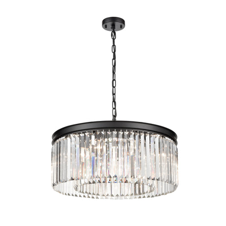 Modern black metal chandelier with vertical crystal prisms and chain suspension