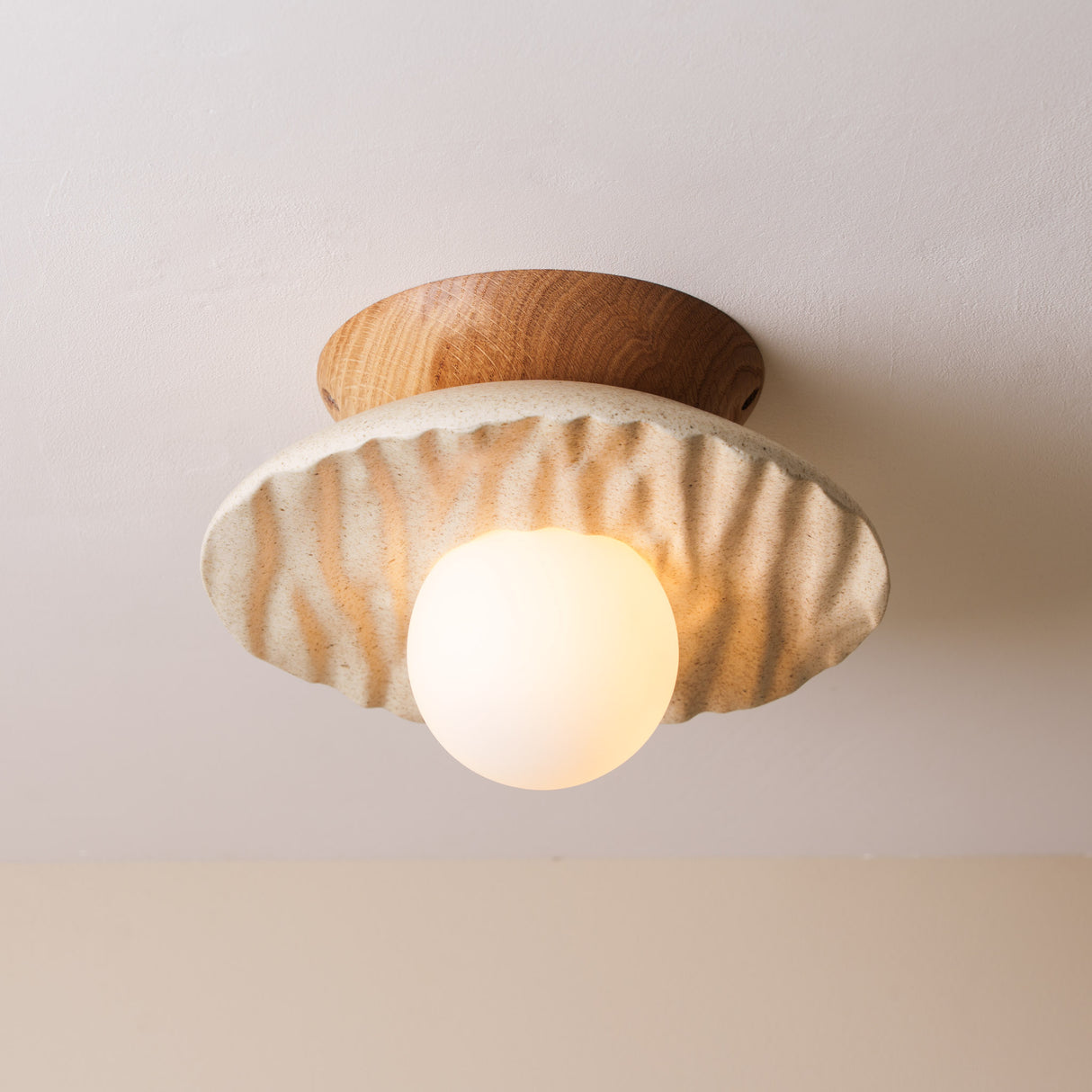 Studio Haran Porth Flush Ceiling Light in Ceramic and Oak