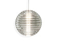 Modern clear glass pendant light with horizontal ridges, glowing softly on white background