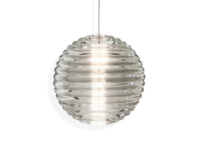 Modern clear glass pendant light with horizontal ridges, glowing softly on white background