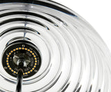Close-up of Tom Dixon LED lighting component inside a transparent ribbed glass pendant lamp