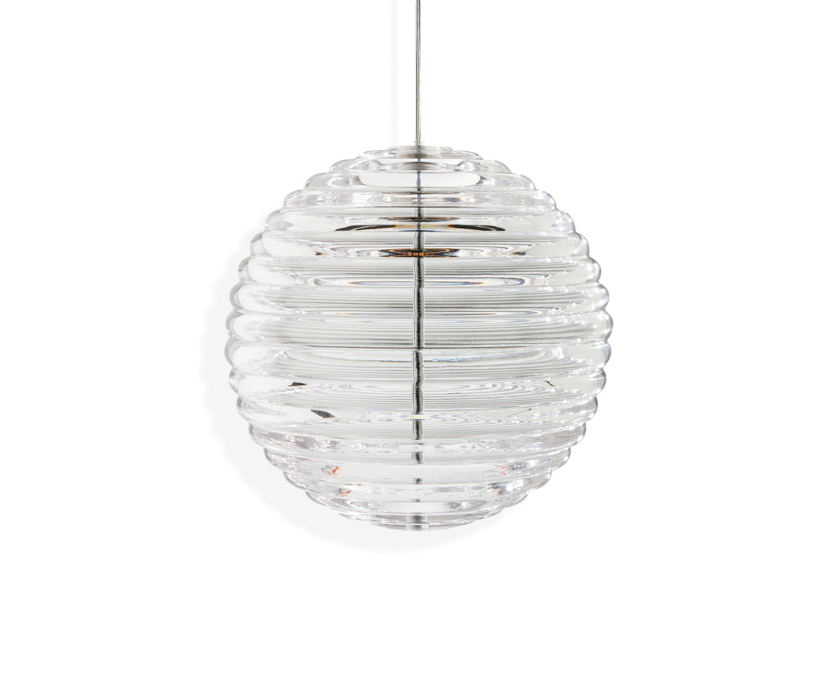 Clear glass spherical pendant light with horizontal ribbed texture hanging from silver cord
