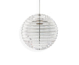 Clear glass spherical pendant light with horizontal ribbed texture hanging from silver cord