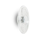 Modern clear glass wall light fixture with chrome base on white background