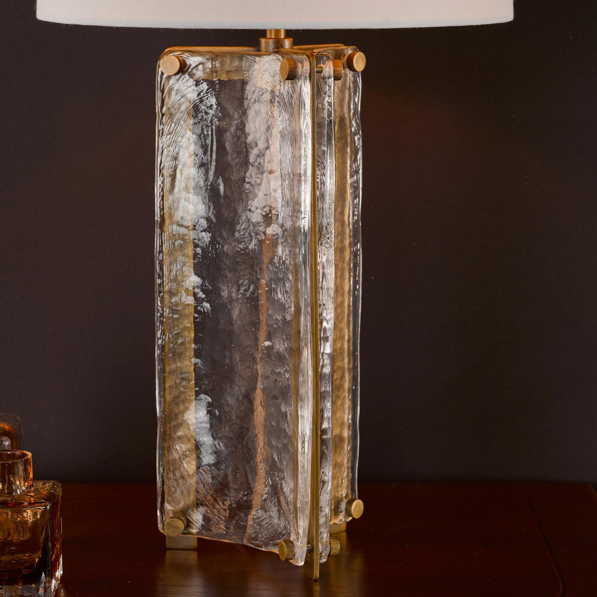 Dar Ravis Table Lamp Antique Bronze and Textured Glass With Shade