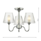Dar Rimaz 3 Light Bathroom Semi Flush Polished Chrome and Ribbed Glass IP44