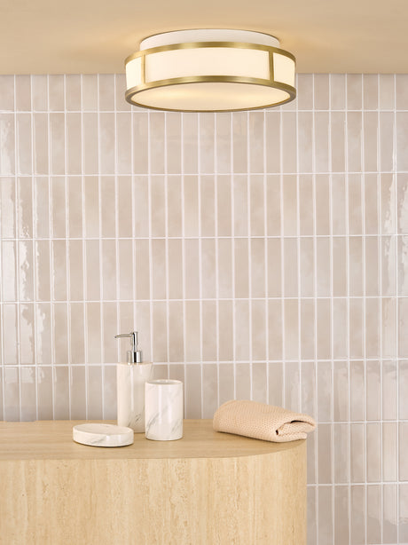 Dar Royce 2 Light Bathroom Flush Matt Antique Brass and Opal Glass IP44