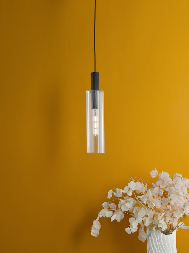 Dar Ruben Pendant Satin Black and Ribbed Glass –  from Amos Lighting + Home