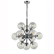 Modern chandelier with twelve clear glass globe shades and exposed bulbs on black metal frame