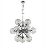 Modern chandelier with twelve clear glass globe shades and exposed bulbs on black metal frame