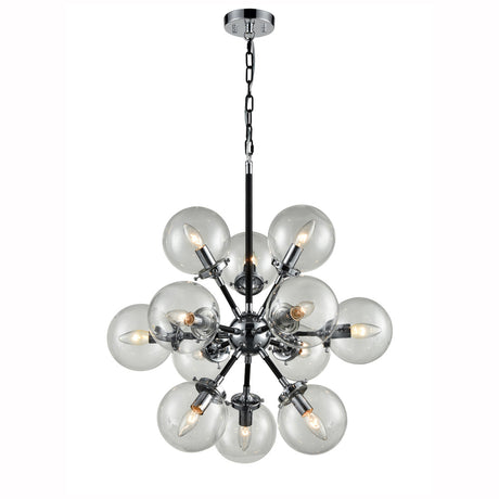 Modern chandelier with twelve clear glass globe shades and exposed bulbs on black metal frame