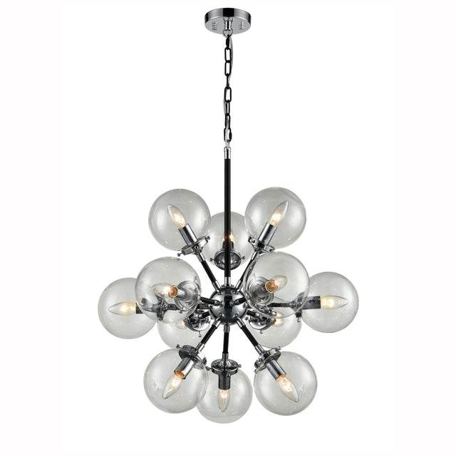 Modern chandelier with twelve clear glass globe shades and exposed bulbs on black metal frame