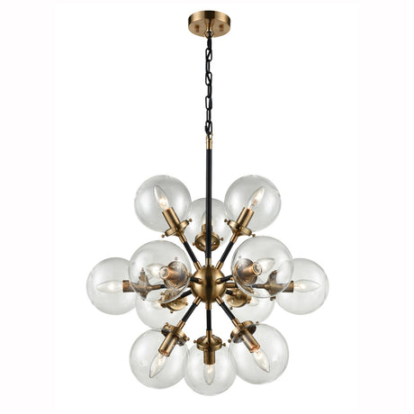 Modern chandelier with brass finish and multiple clear glass globe bulbs hanging on black chain