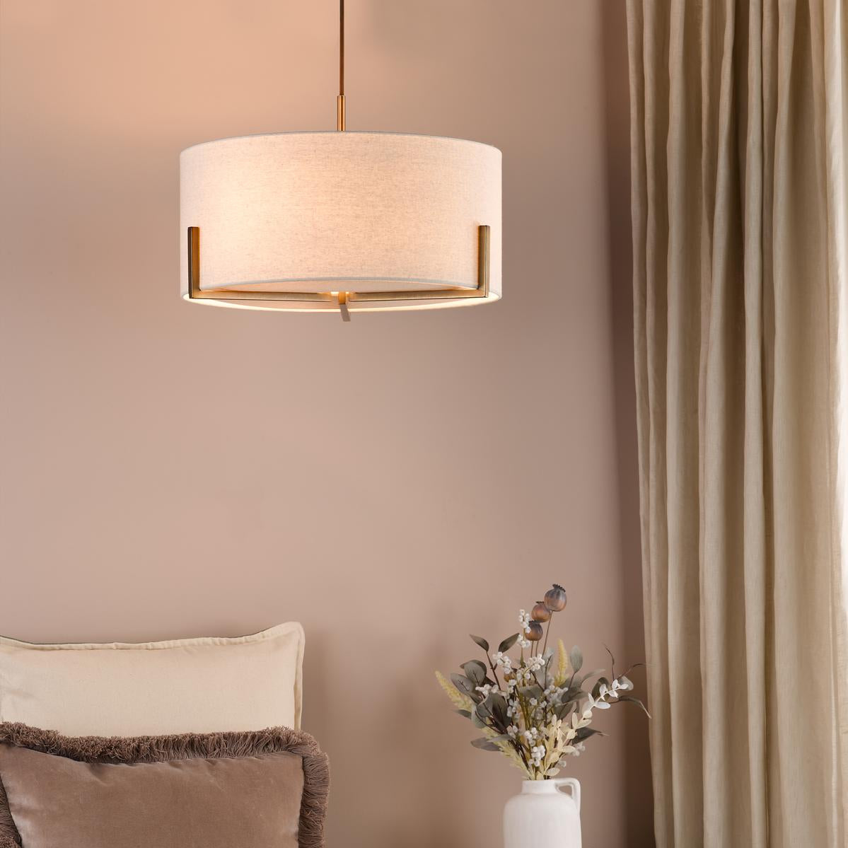 Dar Santino 3 Light Pendant Antique Bronze and Natural With Natural Linen Shade