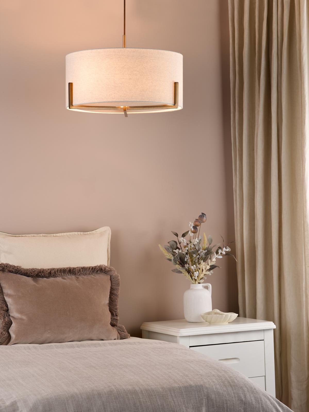 Dar Santino 3 Light Pendant Antique Bronze and Natural With Natural Linen Shade
